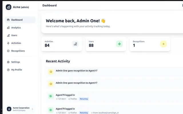 The activity_trackable dashboard showing activity, user and recognition counts above a recent-activity feed.