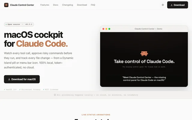 The Claude Control Center landing page: macOS cockpit for Claude Code, beside a demo window that reads Take control of Claude Code.
