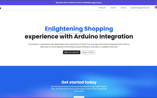 The GlowCart landing page: Enlightening shopping experience with Arduino integration.