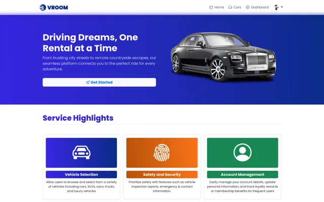 The VROOM car rental landing page: Driving dreams, one rental at a time.