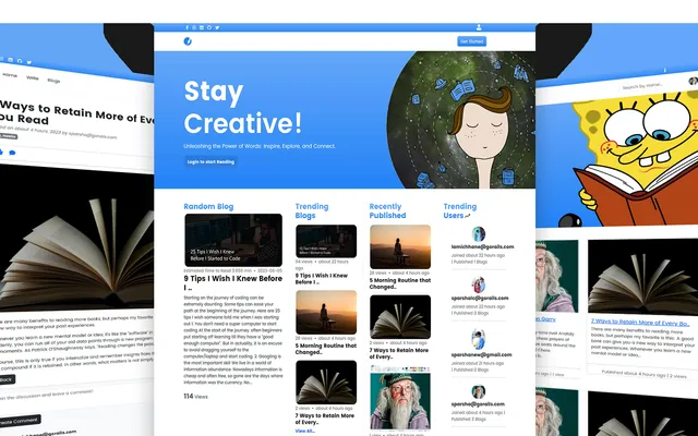 WordSmith screens: a blog post, the Stay Creative home page, and a reading list.